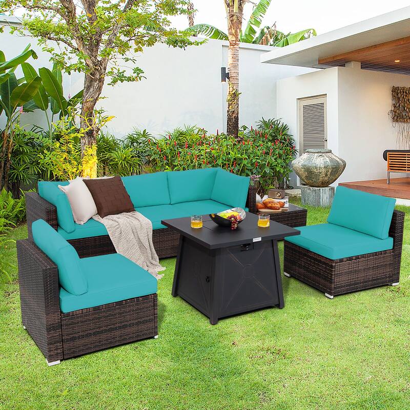 Costway 7PCS Patio Rattan Furniture Set Fire Pit Table Cover Cushion - See Details
