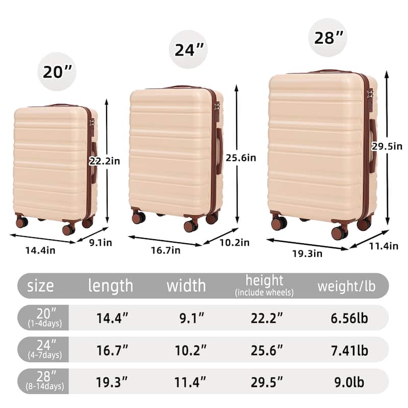 3PCS ABS Carry on Suitcase with Combination Lock