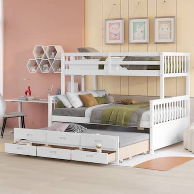 Separable Twin Over Full Bunk Bed Storage Platform Bed with with Pull-out Trundle, Drawers, Ladder and Safety Fence