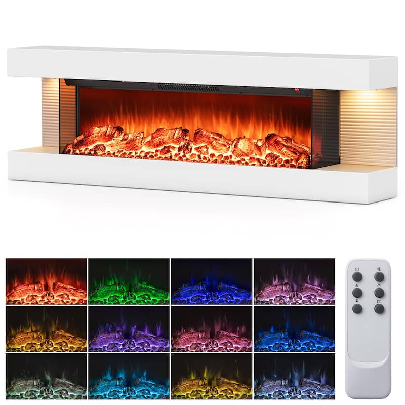 White Wall Mounted Floating Electric Fireplace with and 3-Sided Tempered Glass and Remote Control