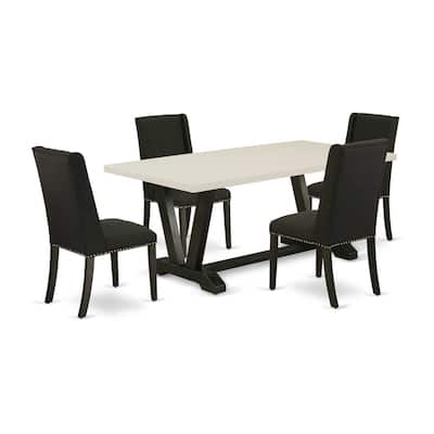 HomeStock 5-Piece Rectangle Natural Oak Finish Solid Wood Top Dining Table with 4 Upholstered Chairs with Lattice Back