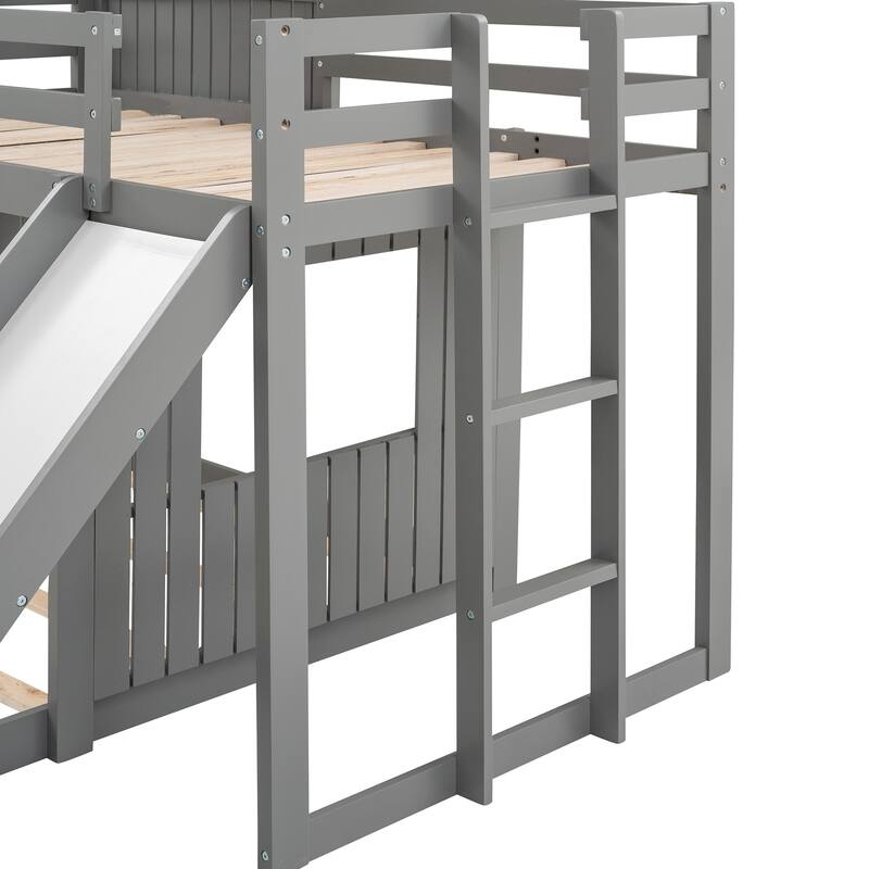 Twin Over Twin Loft Bunk Bed Playhouse Bedframe with Slide and Roof