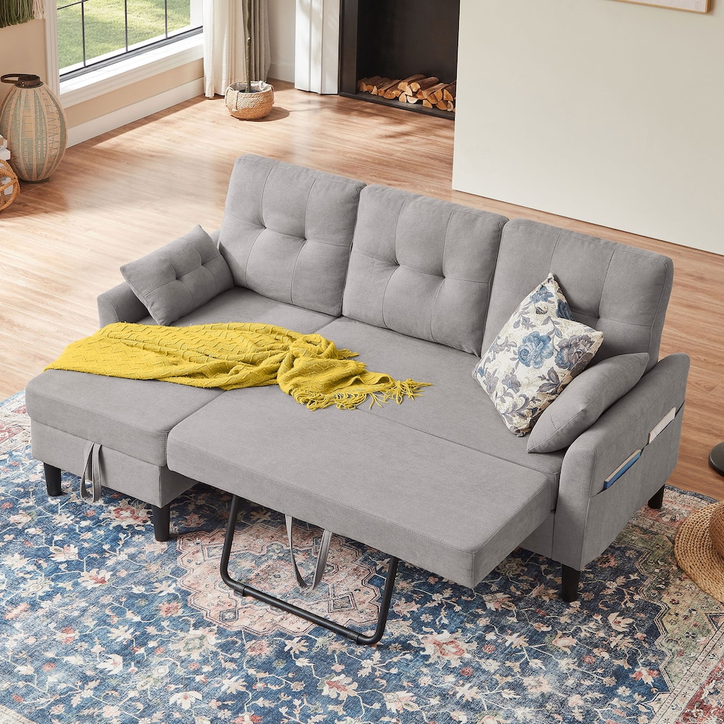 76.18" Upholstered Sleeper Pull Out Sofa Couch with Storage Chaise