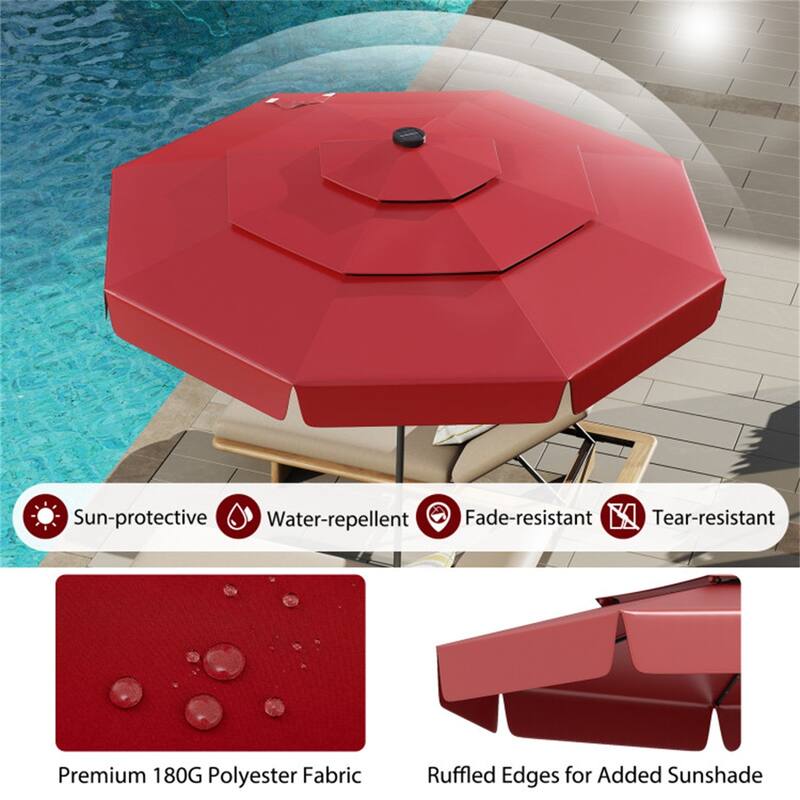 Outdoor 10 ft Umbrella with 3-Tier Venting Solar LED Lights Tilt and Crank for Poolside or Garden