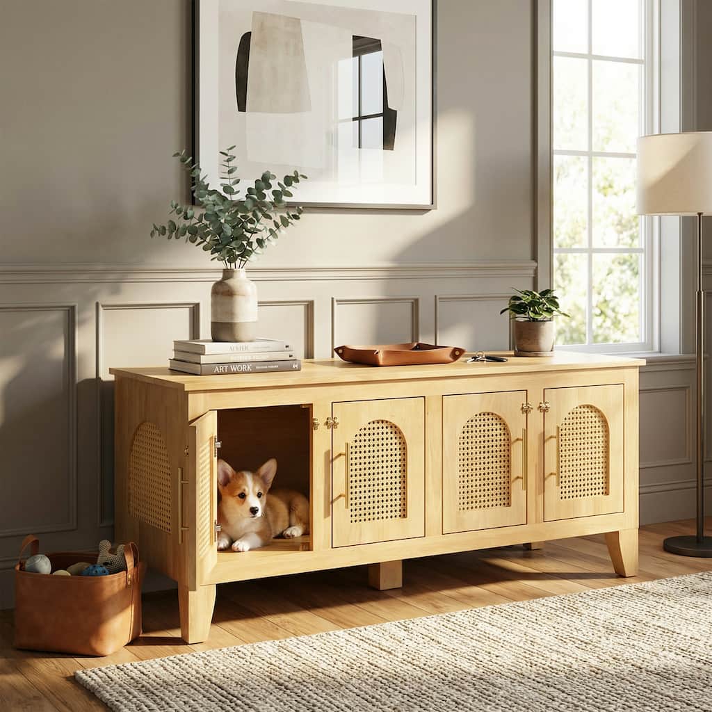 Christopher Knight Home - 47"W Rubber Wood Dog Crate Cabinet with Rattan Doors & Storage