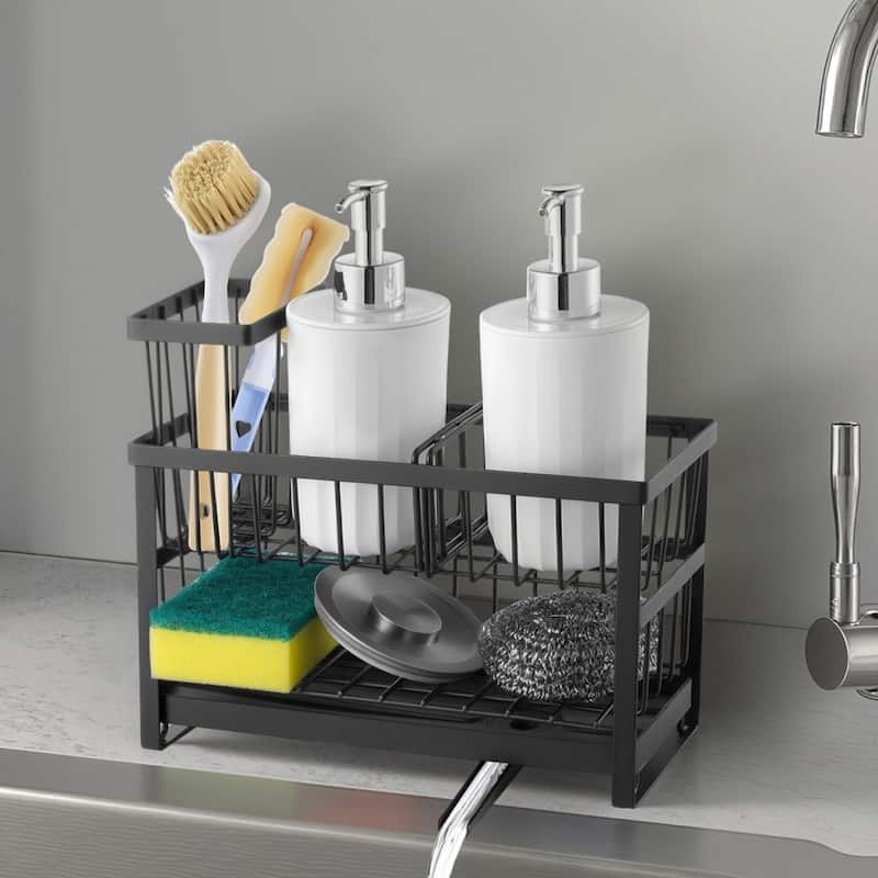 Black Double-Layer Kitchen Sink Caddy with Rotating Drain and Organizer - 9.37" x 4.02" x 5.71"