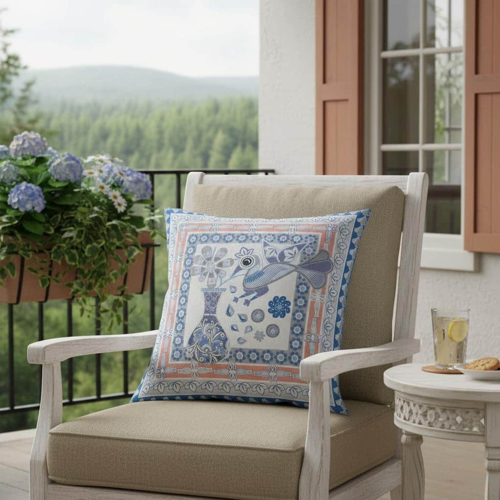 HomeRoots 20" x 20" Blue and Gray Peacock Blown Seam Floral Indoor Outdoor Throw Pillow - 20.00' X '5.00' X '20.00