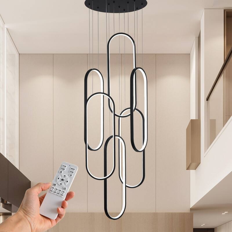 Modern LED Chandelier Large High Ceiling 6 Ring Dimmable Chandelier - Black - 17.71x17.71x78in