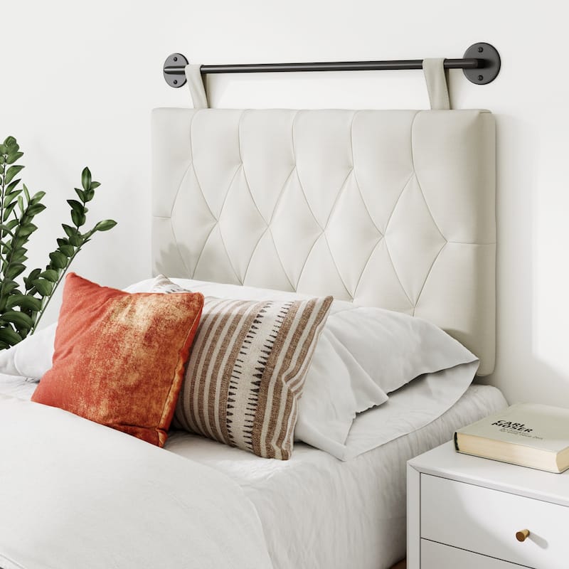 Nathan James Remi Wall Mount Tufted Headboard with Adjustable Straps and Black Metal Rail