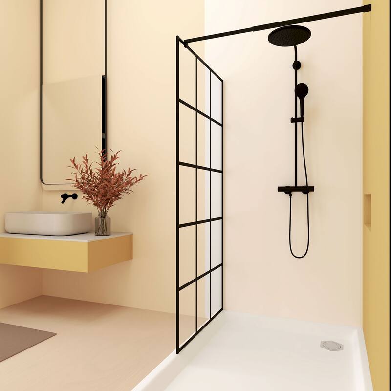 GDFStudio - Emerson Frameless Style Shower Screen with Silk-Printed Tempered Glass and Support Bar - 34" Width x 72"Height