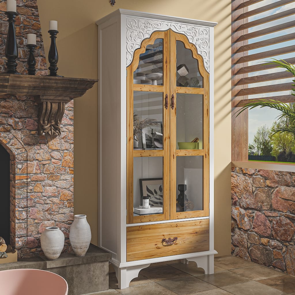 Boho Wood & MDF Display Cabinet with Tempered Glass Doors, Carved Arch Frame & Metal Handle Drawer