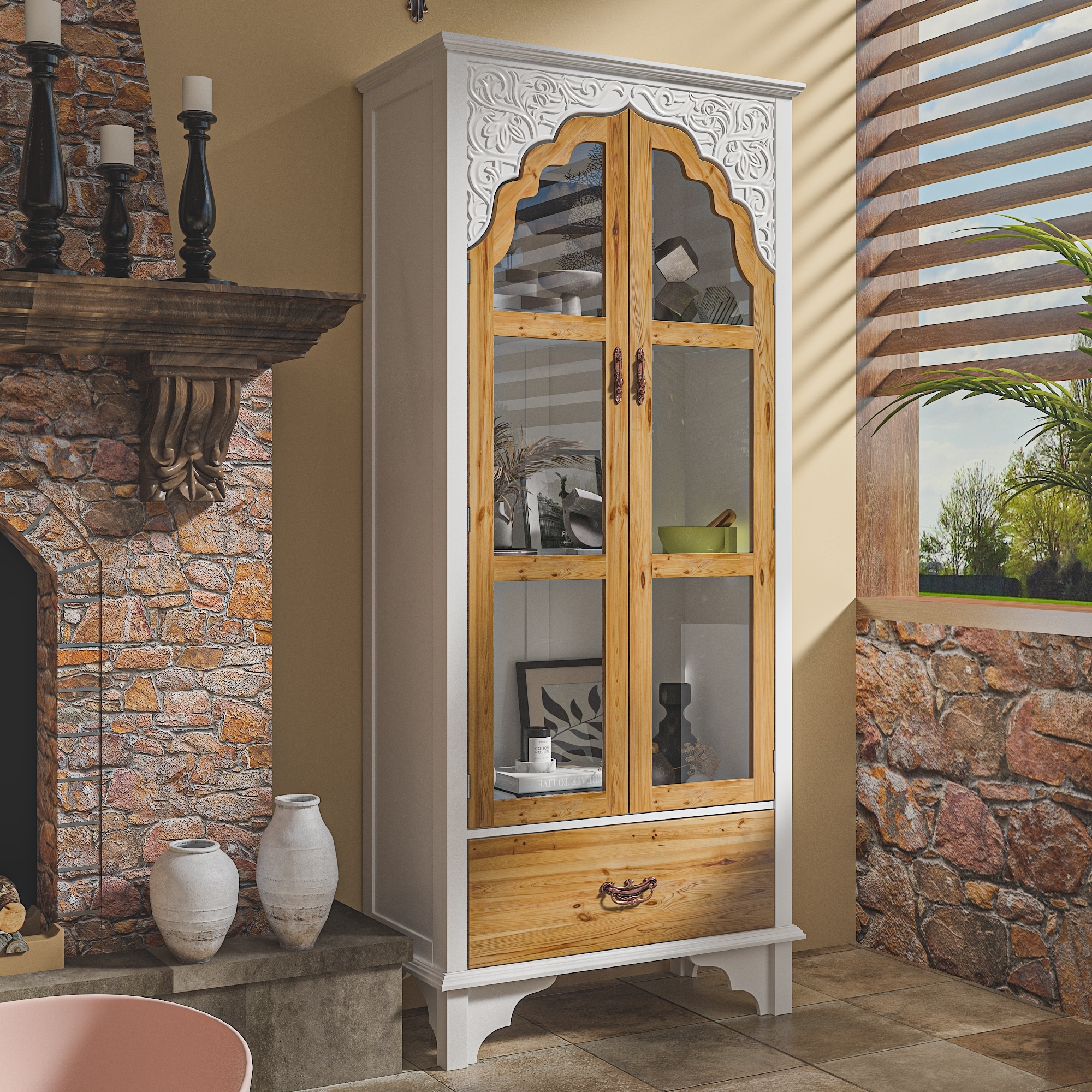 Boho Wood & MDF Display Cabinet with Tempered Glass Doors, Carved Arch Frame & Metal Handle Drawer