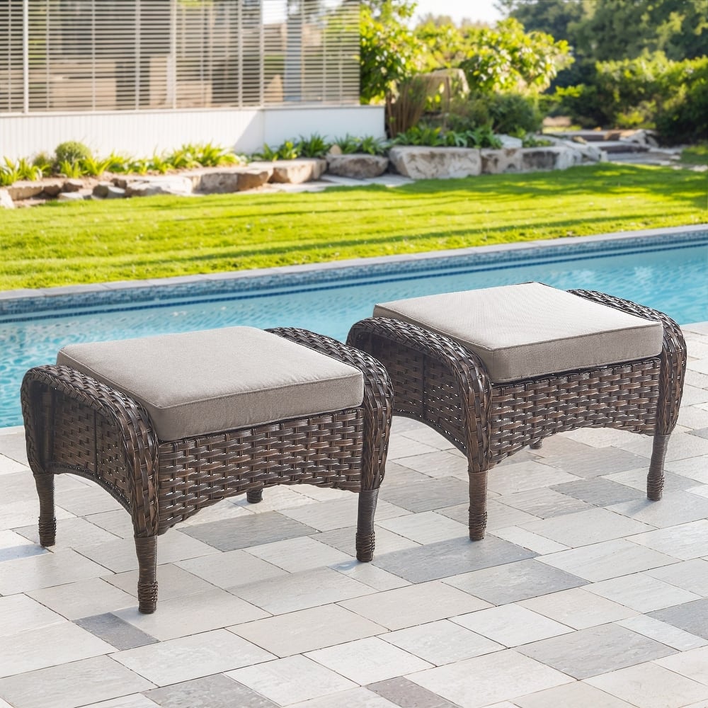 Gymojoy Versatile Outdoor Wicker Ottomans with Soft Cushions