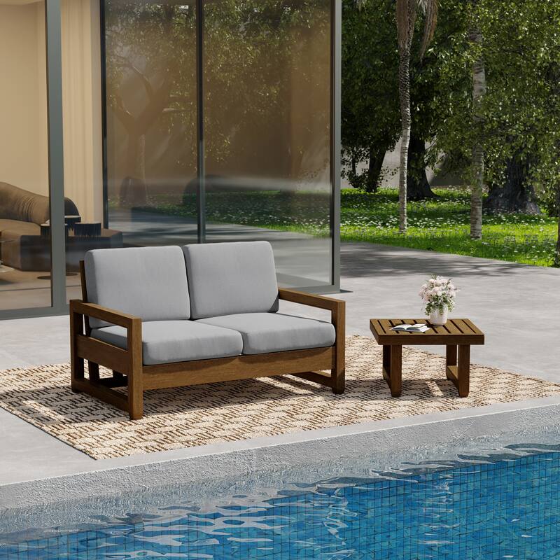 Teak Wood Cushioned Outdoor Patio Loveseat Set with Side Table