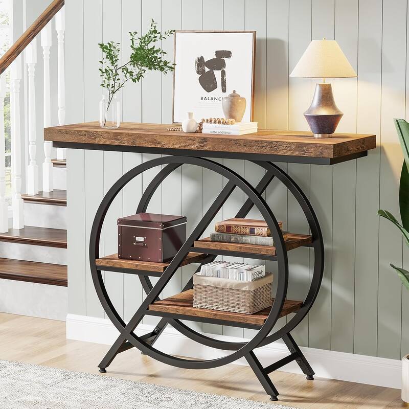 39.4" 4-Tier Entryway Console Table with Geometric Circle Metal Frame & Storage Shelves - Rustic Brown Accent Sofa Table