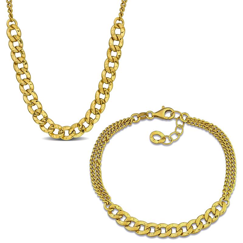 Miadora Sterling Silver Curb Link Chain Necklace and Bracelet Set - Yellow