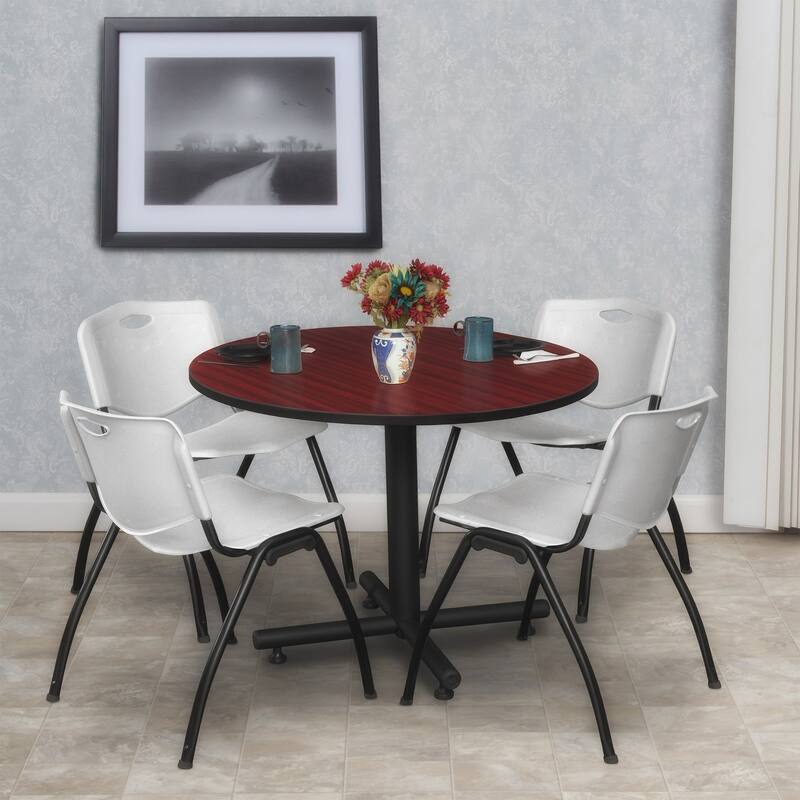 36 in. Round Breakroom Table- Mahogany & 4 'M' Stack Chairs- Grey
