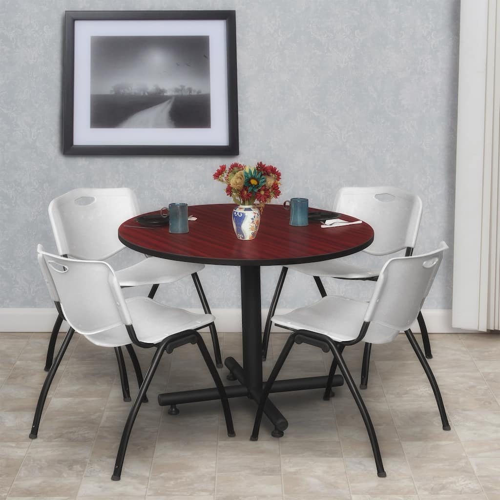 42 in. Round Breakroom Table- Mahogany & 4 'M' Stack Chairs- Grey