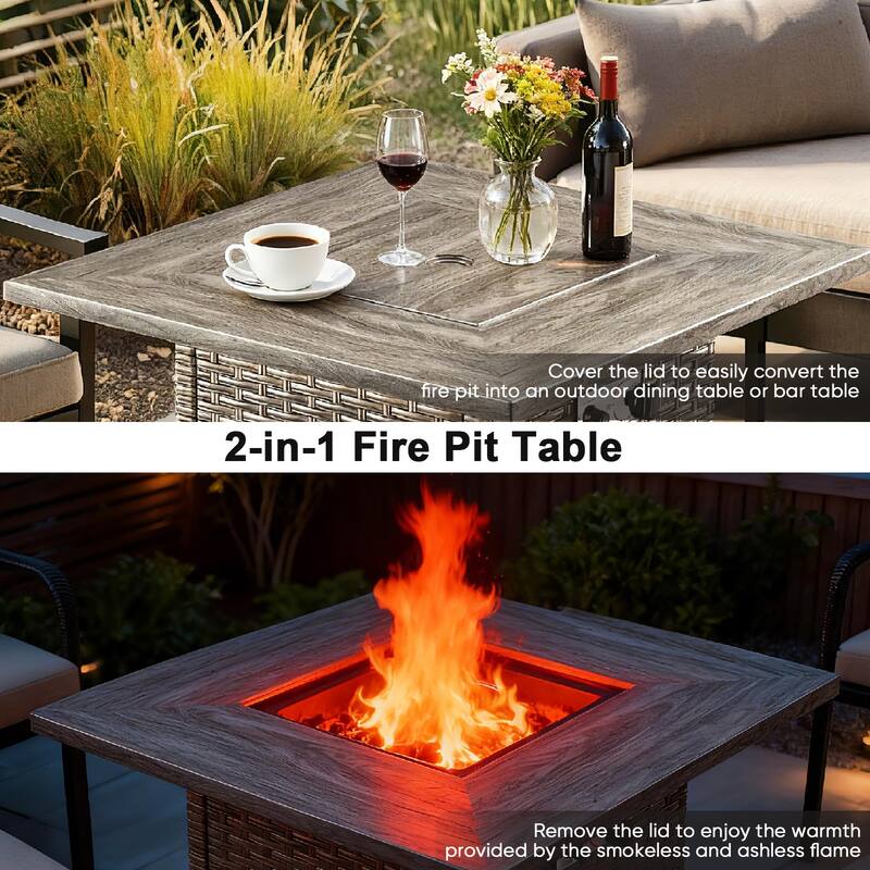 30 in. Square Brown Wicker and Metal Propane Gas Outdoor Fire Pit Table with Lava Rocks, 50000 BTU