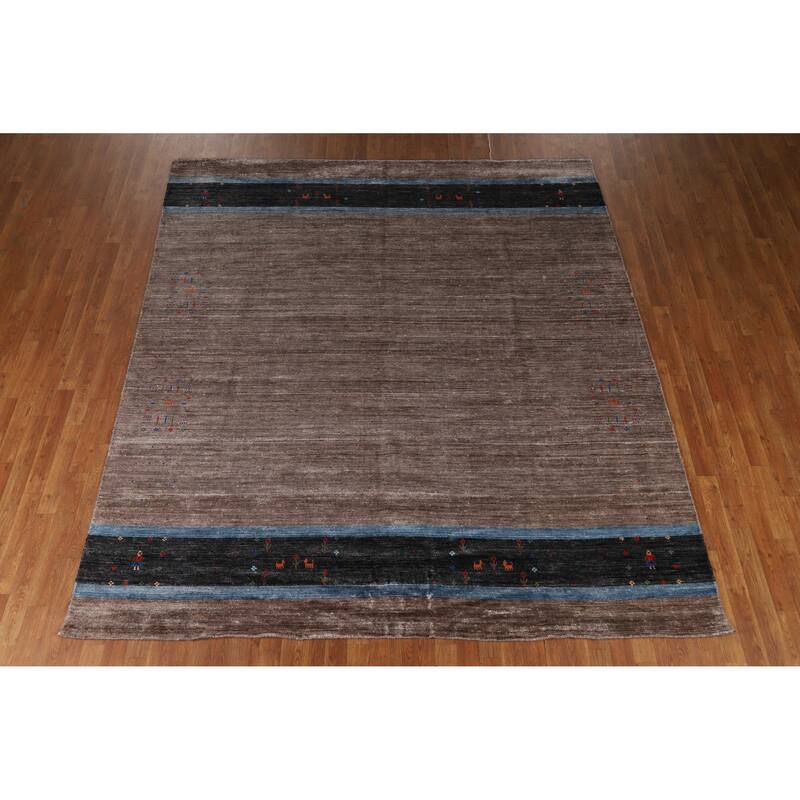 Hand Knotted Oriental Viscose Silk Carpet Tribal Stripe Greys & Charcoal Gabbeh Area Rug - 9' 7'' X 8' 5''
