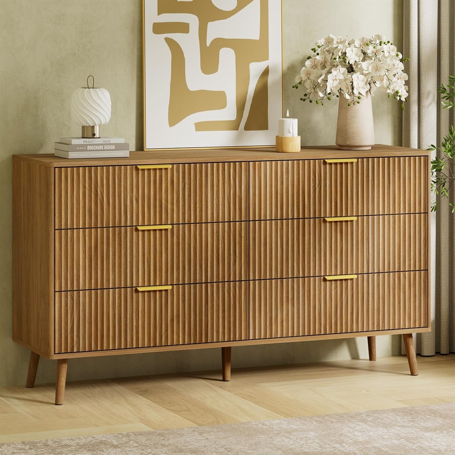 55 Inch Wide Fluted Dresser with 6 Drawers, Modern Wooden Chest with Metal Handles, Natural Oak Finish