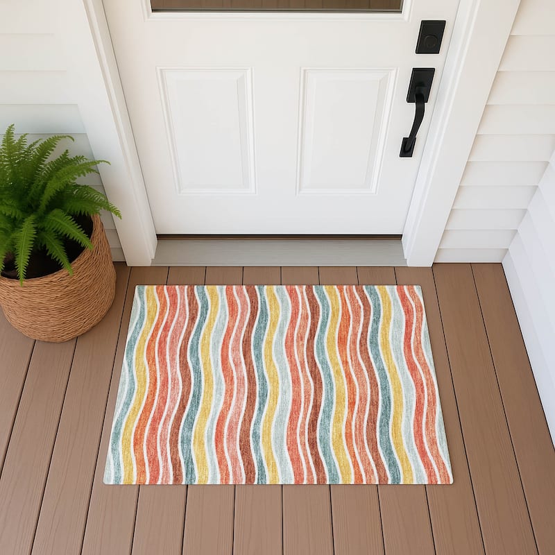 Machine Washable Indoor/ Outdoor Contemporary Stripe Chantille Rug - Coral - 1'8" x 2'6"