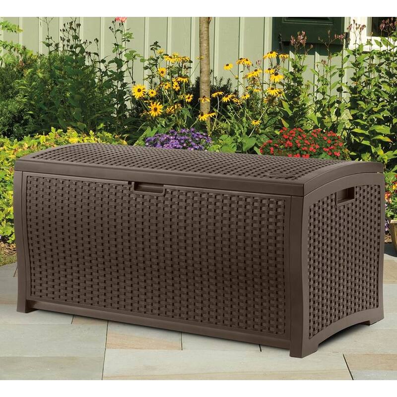 Suncast DBW7300 73 Gallon Resin Wicker Outdoor Patio Storage Deck Box, Mocha