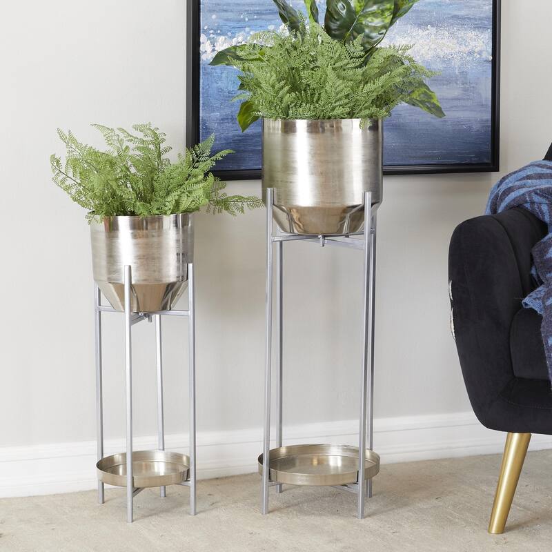Metal Indoor Outdoor Planter with Removable Stand - Set of 2 Silver, Gold, Black - CosmoLiving by Cosmopolitan