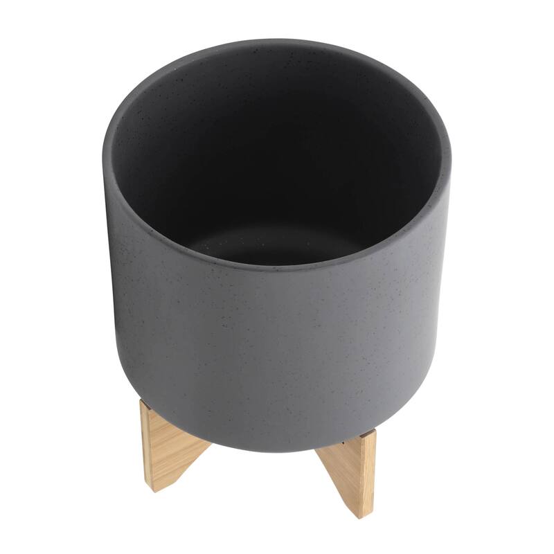 8 & 10 inch Ceramic Planter with Wooden Stand,Set of 2