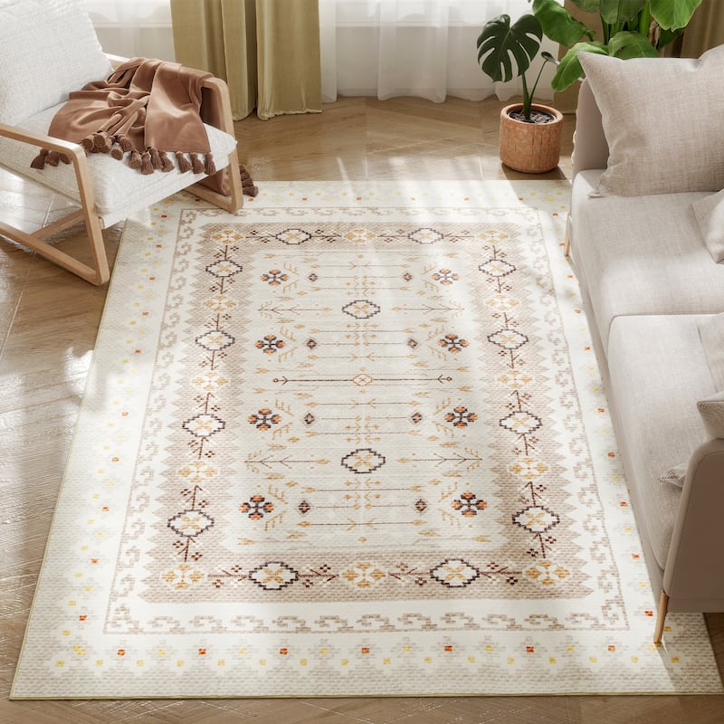 HOMCOM Area Rug 5x7, Machine Washable Rug, Non-Slip Boho Floral Print Floor Cover Foldable Carpet for Living Room - 6' x 7' - Natural/Criss Cross - Rectangle - 6' x 7'