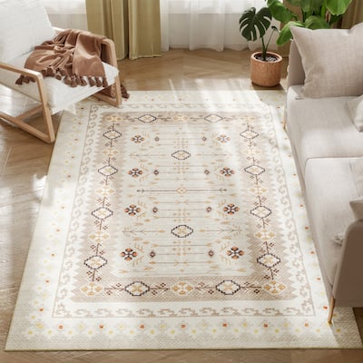 HOMCOM Area Rug 5x7, Machine Washable Rug, Non-Slip Boho Floral Print Floor Cover Foldable Carpet for Living Room - 6' x 7'