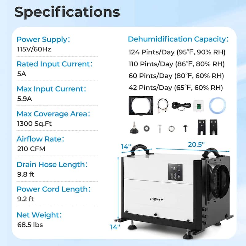 Costway 124 Pint Crawl Space Dehumidifier Commercial Dehumidifier with - See Details