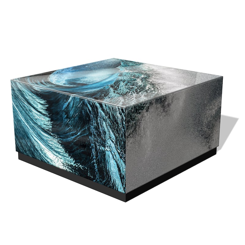 "Sapphire Sea" Reverse Printed Beveled Art Glass Cocktail Table with Black Plinth Base