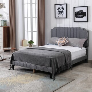 Full Size Bed with Headboard,Modern Linen Curved Upholstered Platform ...