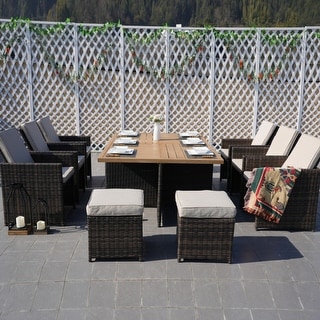 11-Piece Patio Wicker Aluminum Dining Table Set w/ Chairs and Ottomans