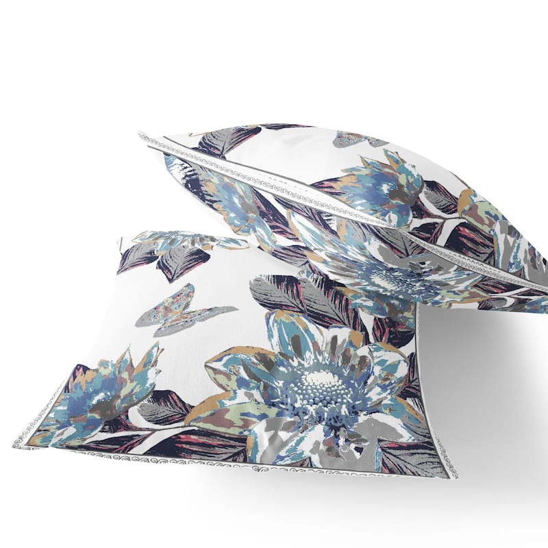 HomeRoots Set of Two 16" X 16" Gray and White Butterfly Blown Seam Floral Indoor Outdoor Throw Pillow - 16.00' X '16.00' X '5.00