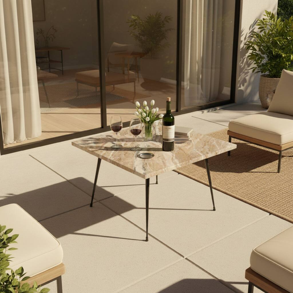 Taro Coffee Table, 24 Inch Square Taupe Brown Real Marble Top, Black Metal Legs