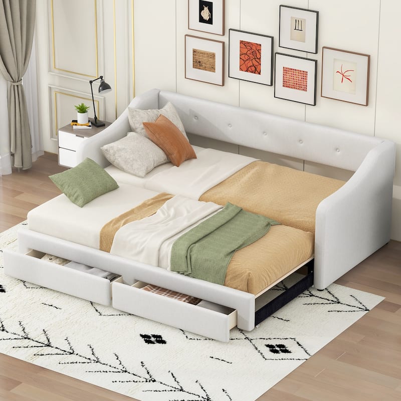 Twin XL to King Size Linen Fabric Daybed, Pull Out Upholstered Platform Sofa Bedframe with 2 Drawers, Wood Slats Support