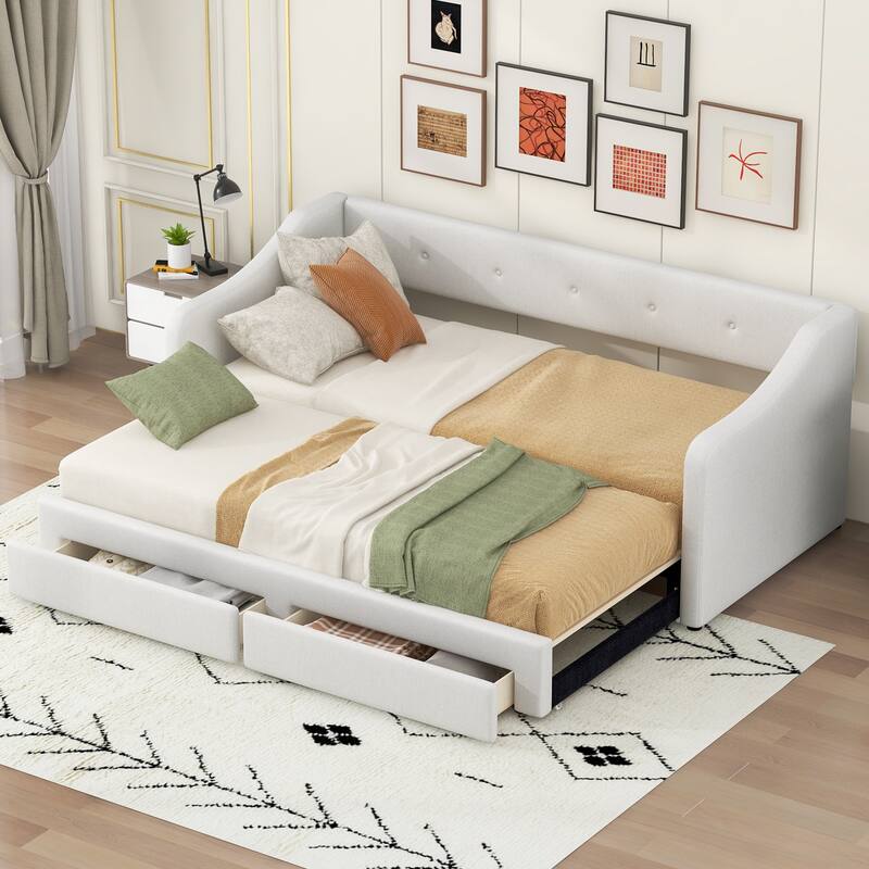 Twin XL to King Upholstered Daybed with Two Storage Drawers, Expandable Design, No Box Spring Required