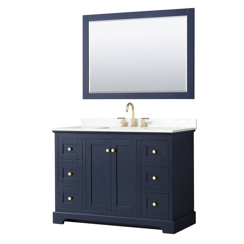 Wyndham Collection WCV232348S-QTZ-US3M46 Avery 48" Free Standing - Dark Blue / Giotto Quartz Top / Brushed Gold