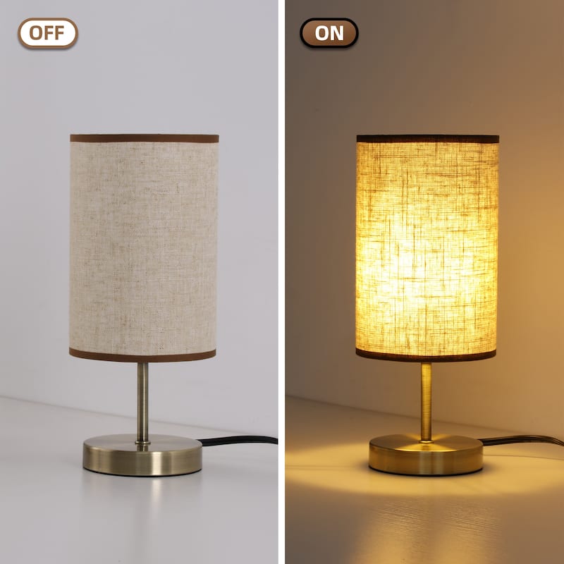 12 in. Antique Brass Small Table Lamp with Linen Lampshade for Bedside, Living Room