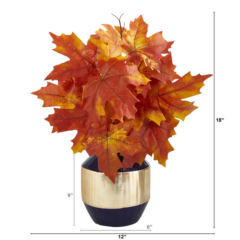 18" Autumn Maple Leaf Artificial Plant in Blue and Gold Planter