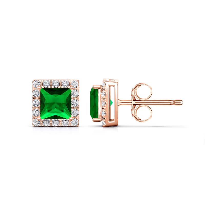 Auriya 14k Gold Lab Grown Gemstone Green Emerald Stud Earrings Princess 0.25 to 5.00 ct. tw. Halo Push-Back - 0.75ct tgw. - Rose