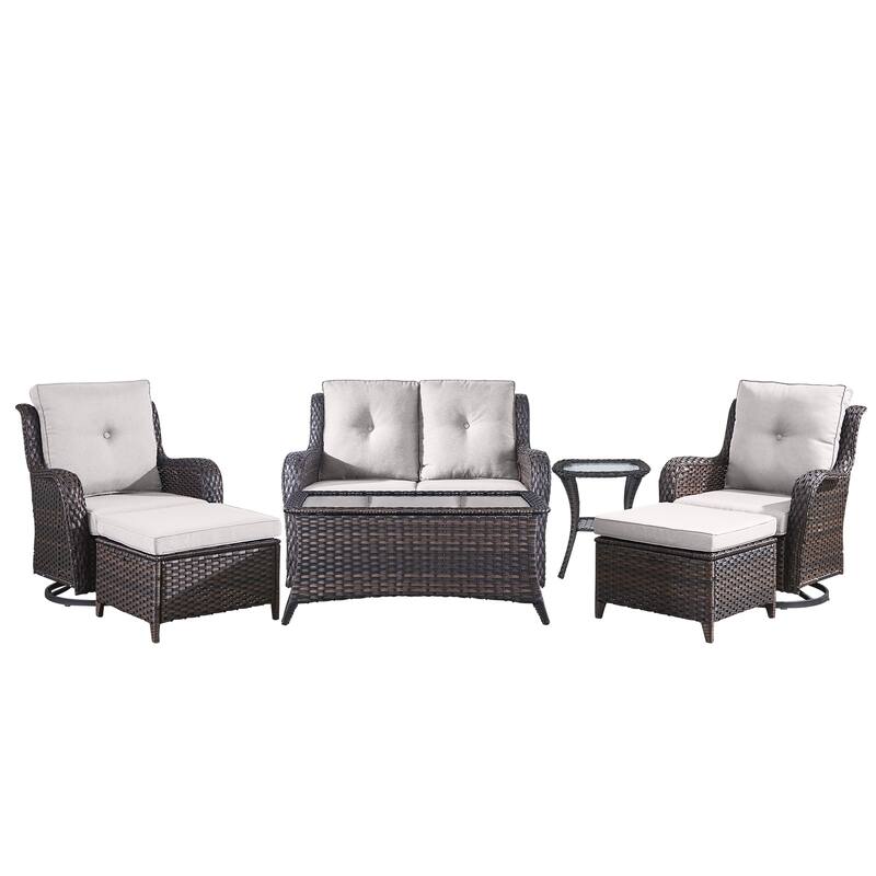Pocassy Outdoor 7PCS 2-Seat Sofa Swivel Chairs Table Ottoman