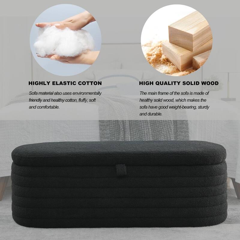 45" White Teddy Storage Ottoman Bench for Living Room Bedroom,Oval Sherpa Storage Bench Ottoman Foot Rest Anti-slip Legs