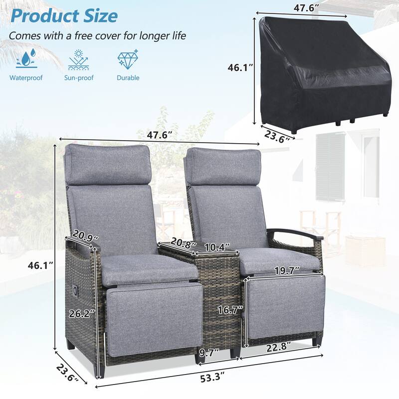 Rattan Recliner Loveseat Chair With Adjustable Backrest
