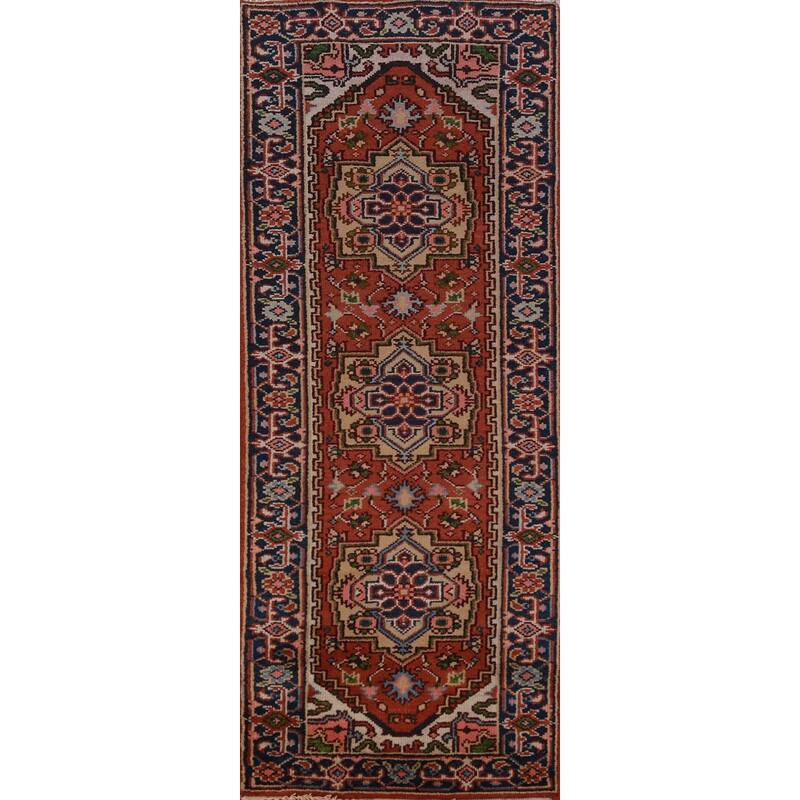 Hand Knotted Oriental 100% Wool Carpet Traditional Geometric Oranges & Rust Heriz (serapi) Runner Rug - 8' 0'' X 2' 6''