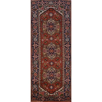 Hand Knotted Oriental 100% Wool Carpet Traditional Geometric Oranges & Rust Heriz (serapi) Runner Rug - 8' 0'' X 2' 6''