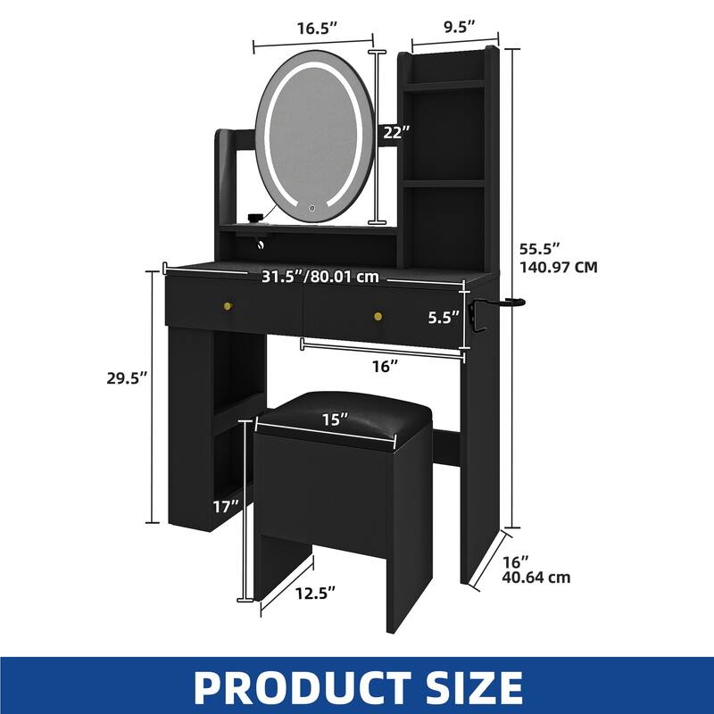Moasis Makeup Vanity Set With Storage Ottoman and LED Lighted Mirror & Charge Station