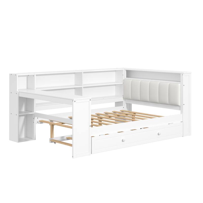 Roomfitters Twin/Full Platform Bed with Trundle, LED Headboard, Charging Station and Storage